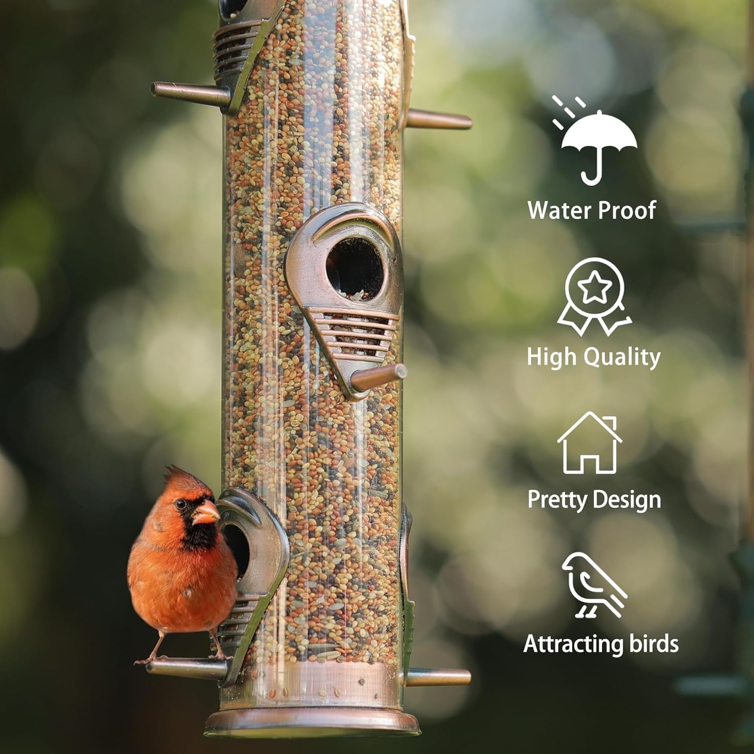 Metal Tube Bird Feeders for Outdoors - 6 Ports Hanging Feeder Attracts Wild Birds in Your Lawn, Garden, Balcony - Antique Copper - 1 Pack