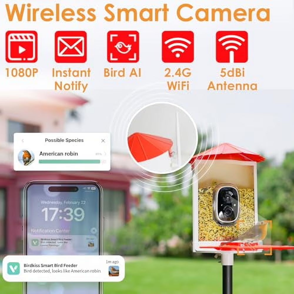 Smart Bird Feeder with Camera - Metal Squirrel-Proof Design, AI Identification, Solar-Powered, Ideal Gift for Bird Enthusiasts, Red