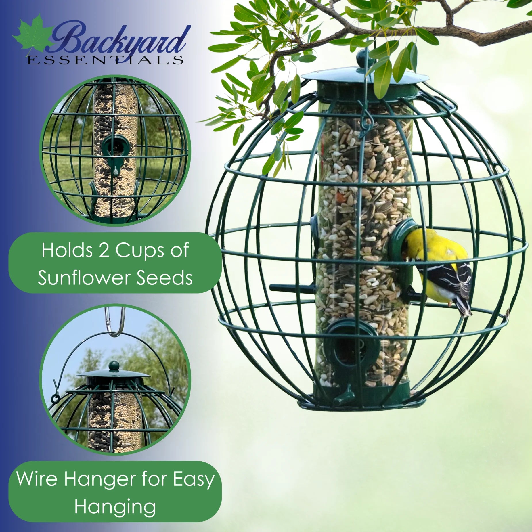 Bird Feeder Orb Caged Green Finch Feeder, 2 Cup Capacity