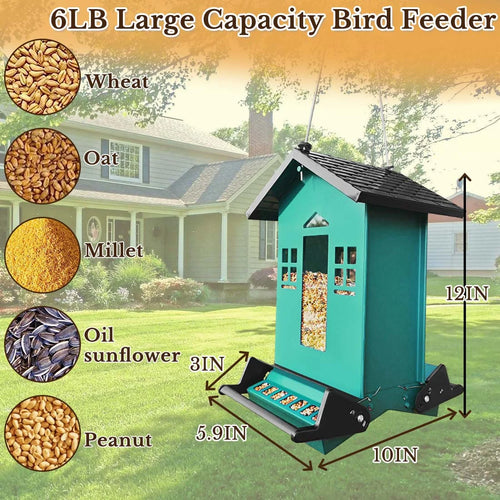5LBS Bird Feeder Squirrel Proof, Hanging Bird Feeders for Outdoors, Large Capacity Metal Bird Seed Feeder, Weight-Activated Perches Wild Birdfeeder for Blue Jay, Cardinal, Garden