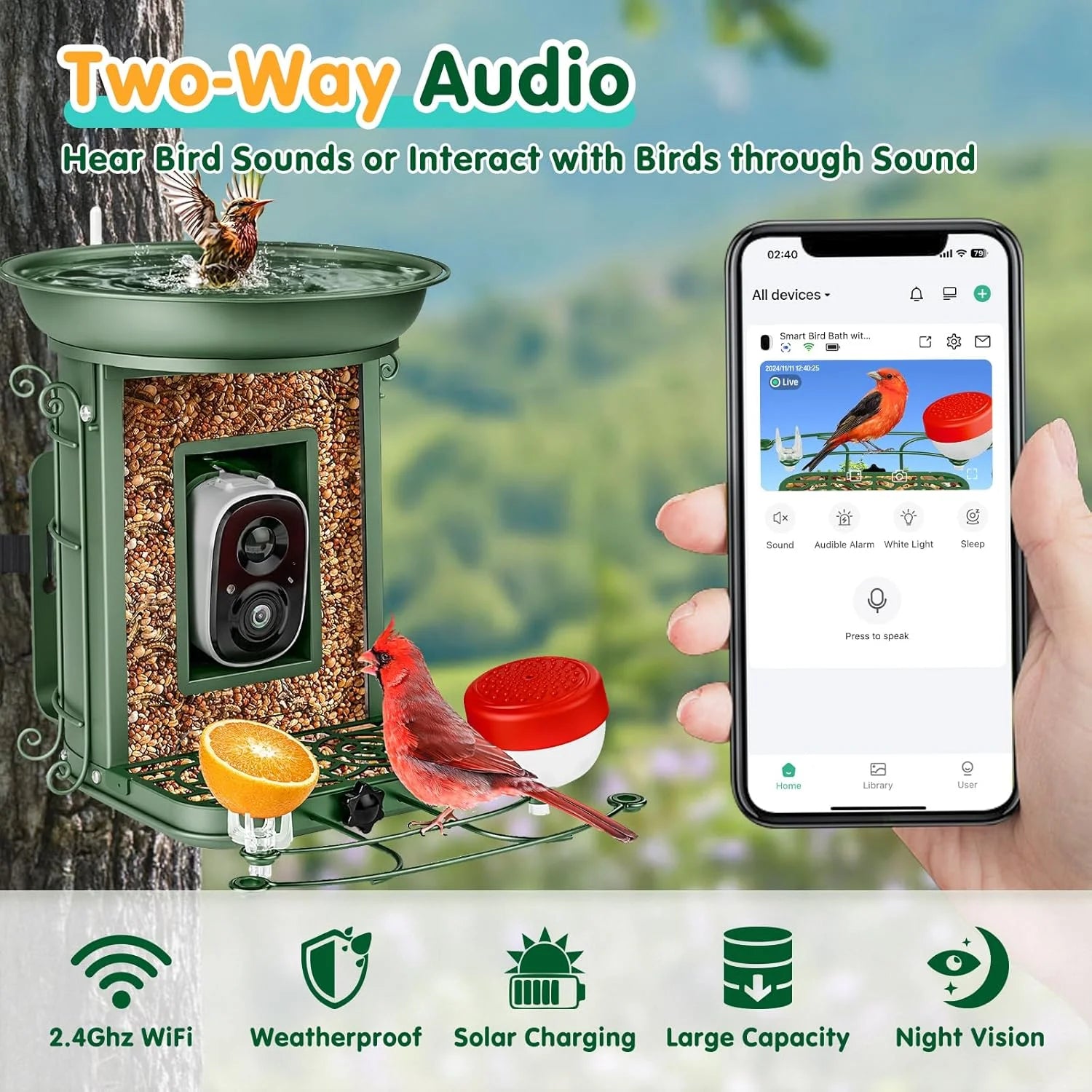 Advanced Smart Bird Feeder with Integrated Camera and Solar-Powered Bird Bath, Featuring AI Bird Identification and App Notifications