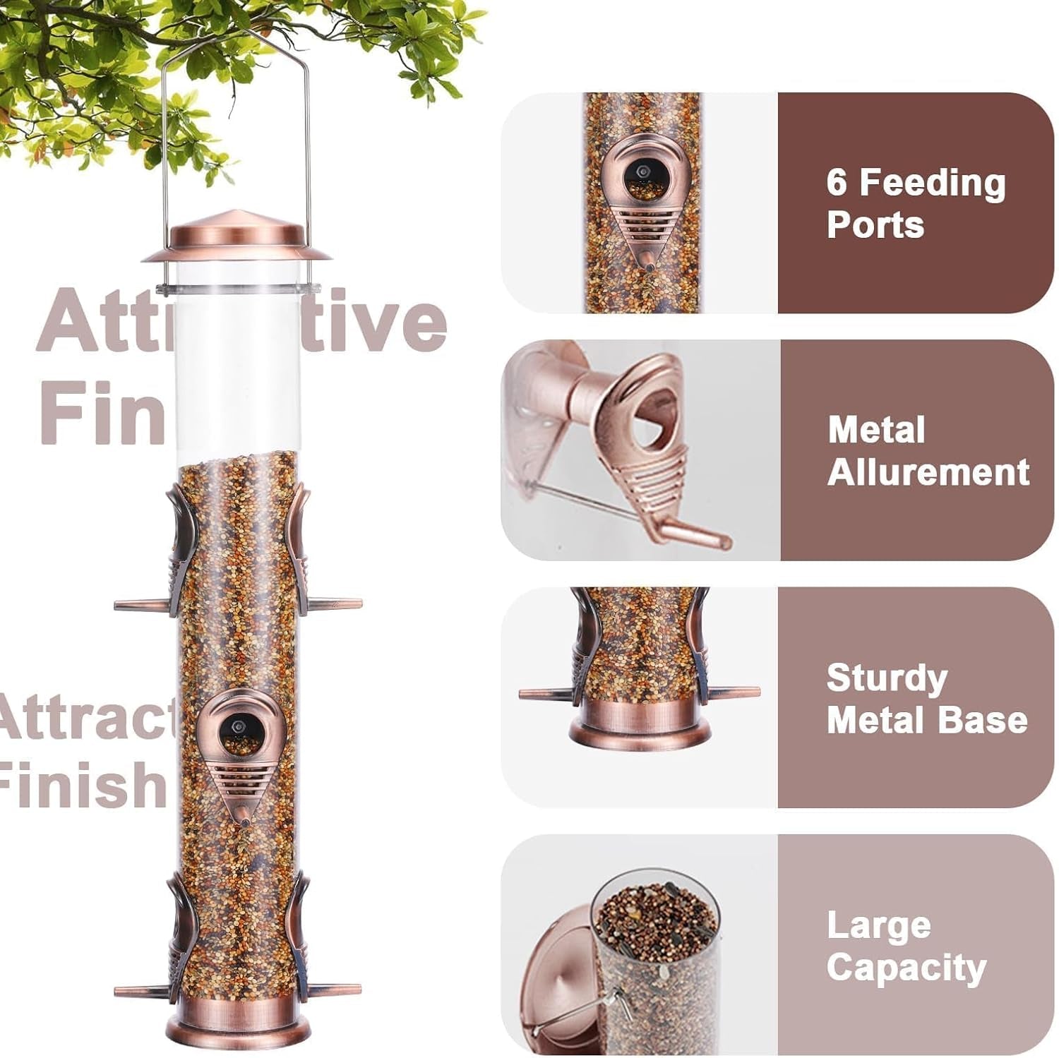 Metal Tube Bird Feeders for Outdoors - 6 Ports Hanging Feeder Attracts Wild Birds in Your Lawn, Garden, Balcony - Antique Copper - 1 Pack