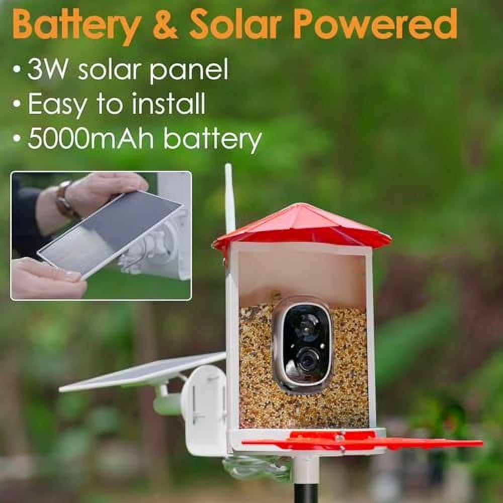 Smart Bird Feeder with Camera - Metal Squirrel-Proof Design, AI Identification, Solar-Powered, Ideal Gift for Bird Enthusiasts, Red