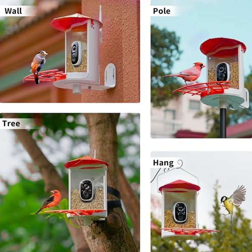Smart Bird Feeder with Camera - Metal Squirrel-Proof Design, AI Identification, Solar-Powered, Ideal Gift for Bird Enthusiasts, Red