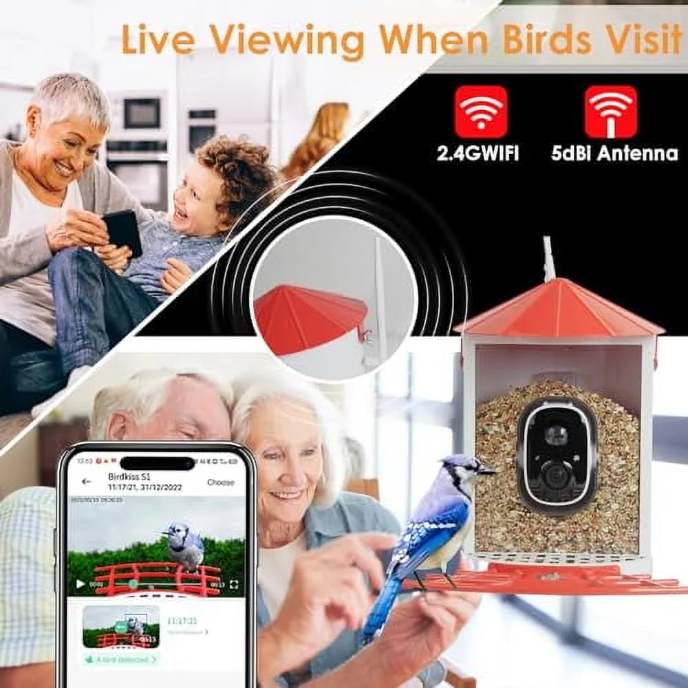Smart Bird Feeder with Camera - Metal Squirrel-Proof Design, AI Identification, Solar-Powered, Ideal Gift for Bird Enthusiasts, Red