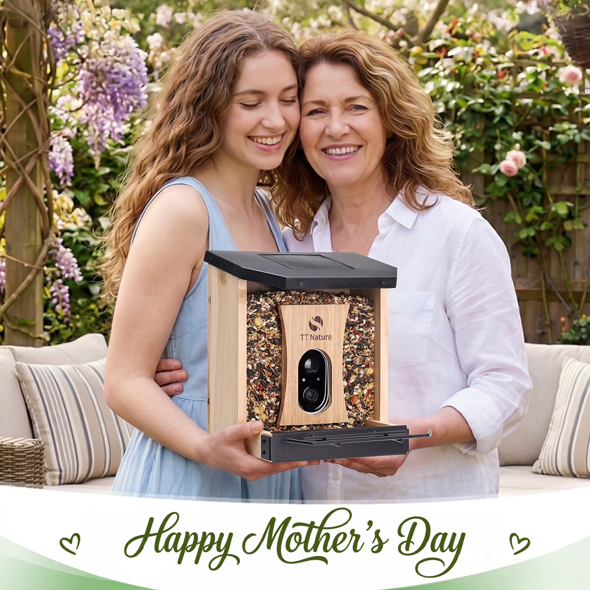 Solar-Powered Smart Bird Feeder with Camera, AI Bird Identification for 10,000+ Species, Weatherproof Eco-Friendly Wooden Design, Perfect Gift for Bird Enthusiasts