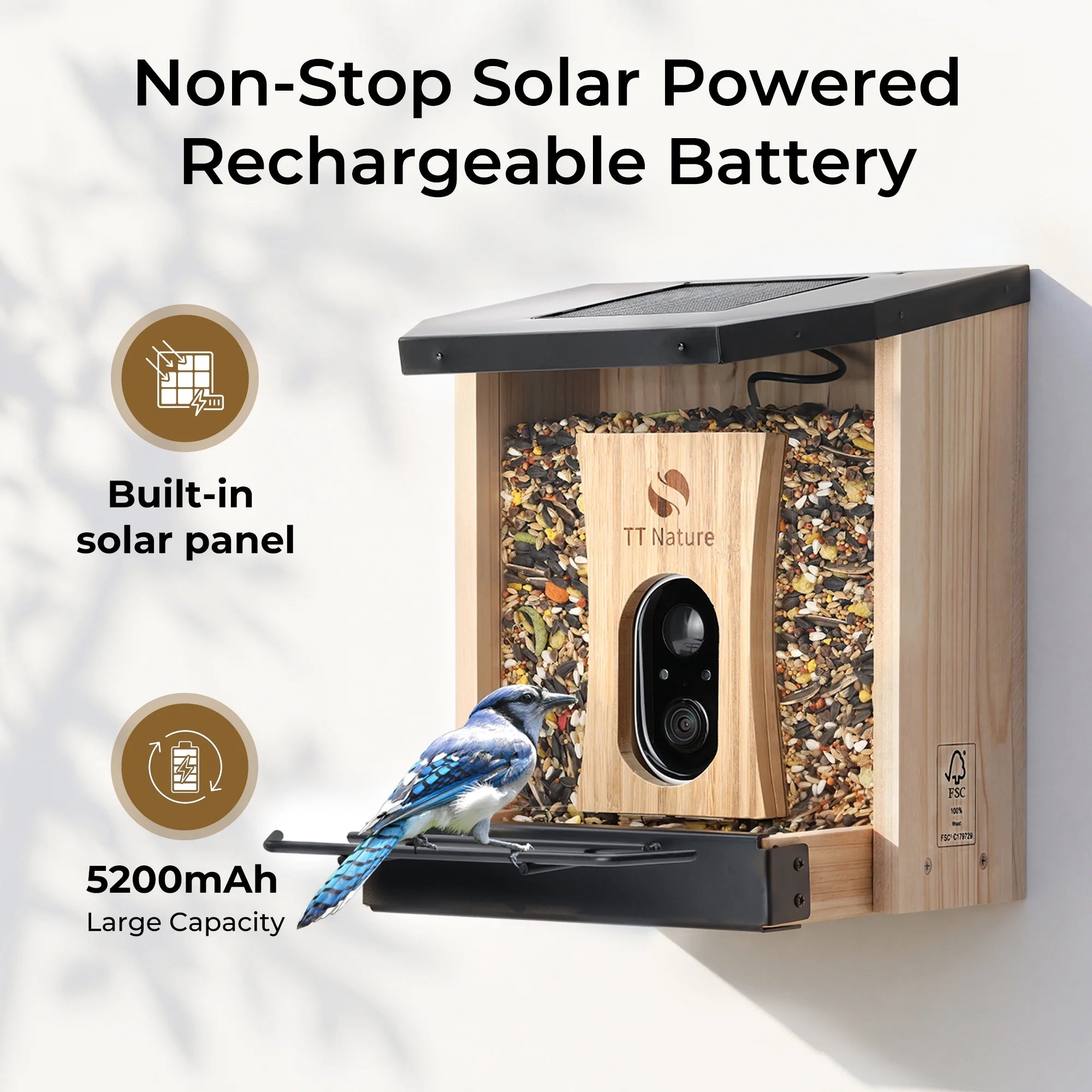 Solar-Powered Smart Bird Feeder with Camera, AI Bird Identification for 10,000+ Species, Weatherproof Eco-Friendly Wooden Design, Perfect Gift for Bird Enthusiasts