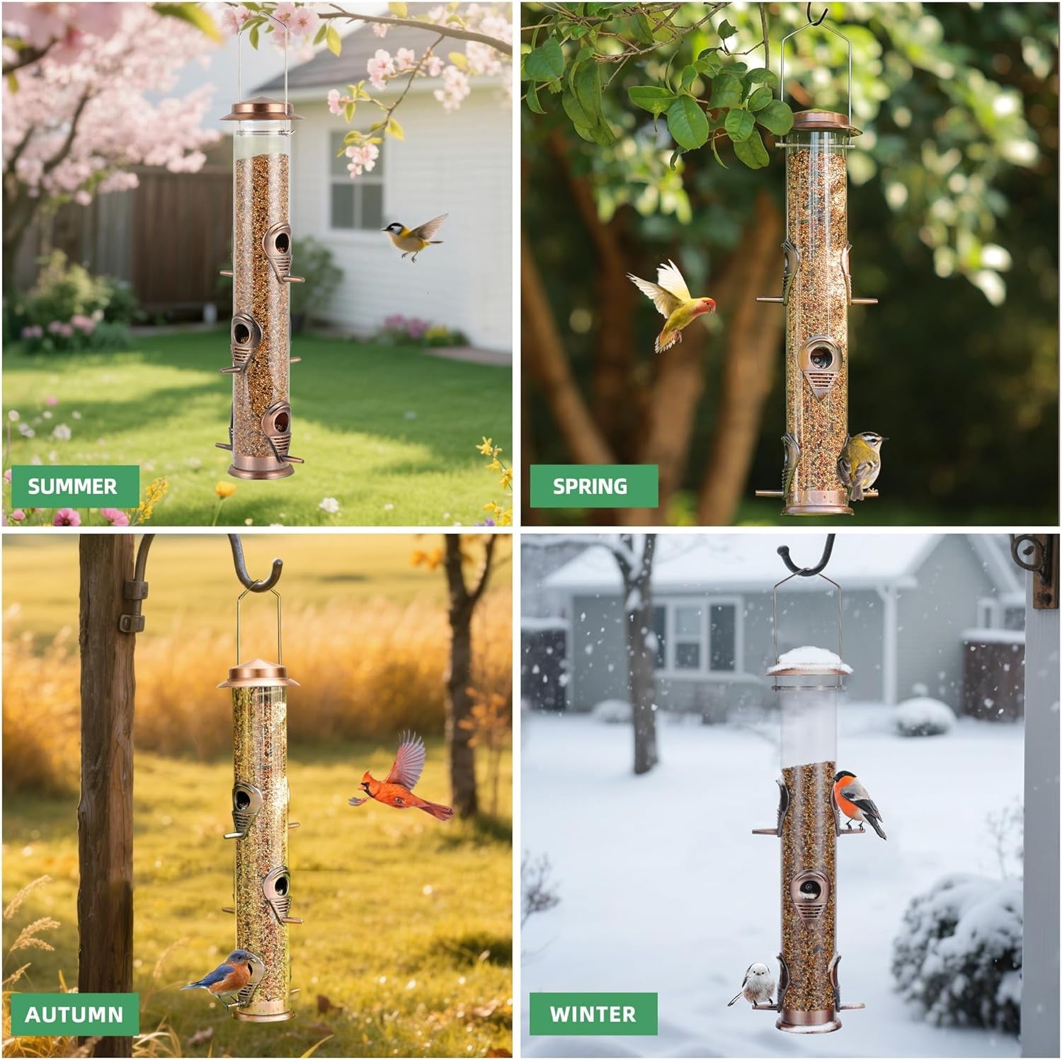Metal Tube Bird Feeders for Outdoors - 6 Ports Hanging Feeder Attracts Wild Birds in Your Lawn, Garden, Balcony - Antique Copper - 1 Pack