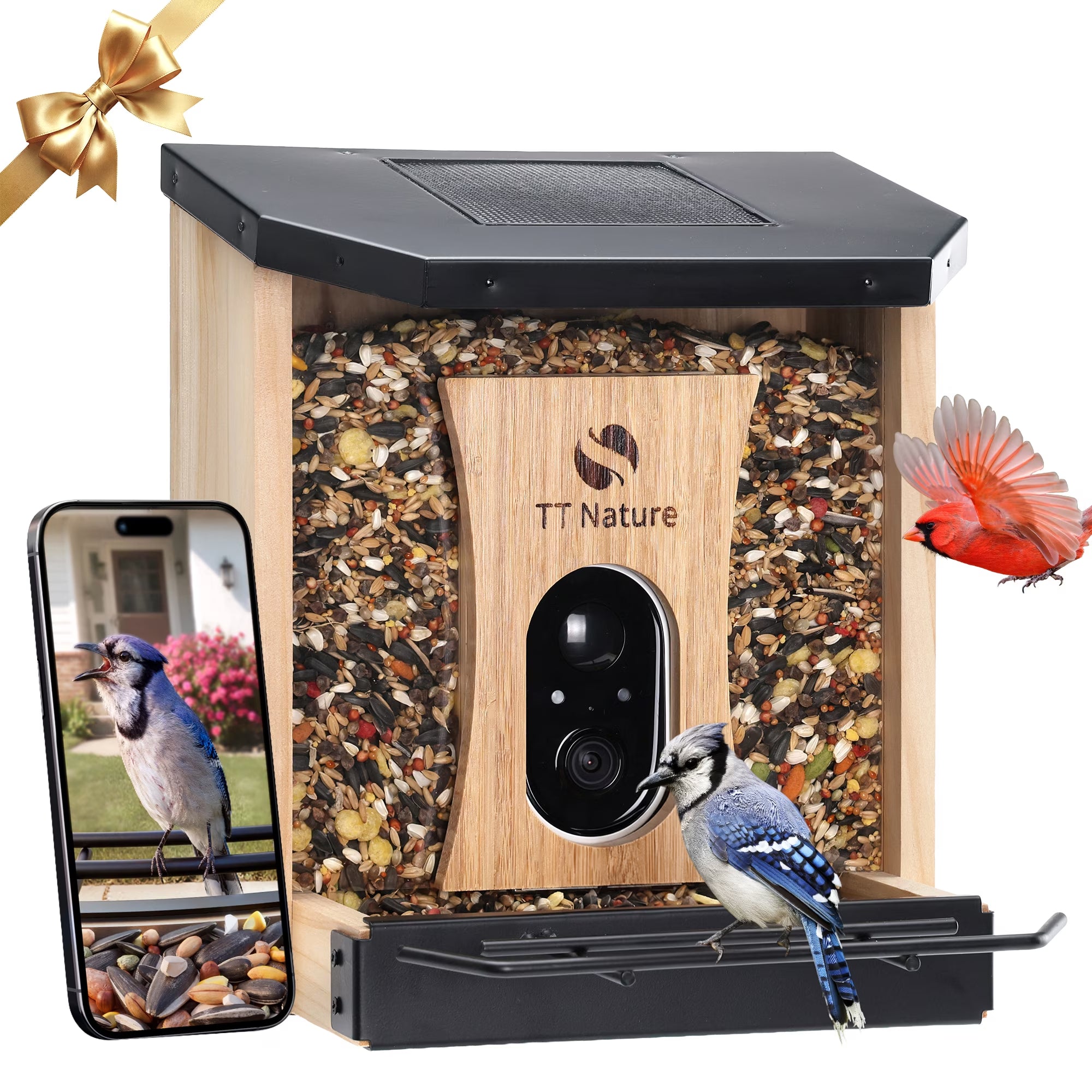 Solar-Powered Smart Bird Feeder with Camera, AI Bird Identification for 10,000+ Species, Weatherproof Eco-Friendly Wooden Design, Perfect Gift for Bird Enthusiasts