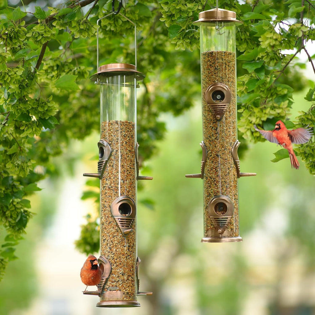 Metal Tube Bird Feeders for Outdoors - 6 Ports Hanging Feeder Attracts Wild Birds in Your Lawn, Garden, Balcony - Antique Copper - 1 Pack