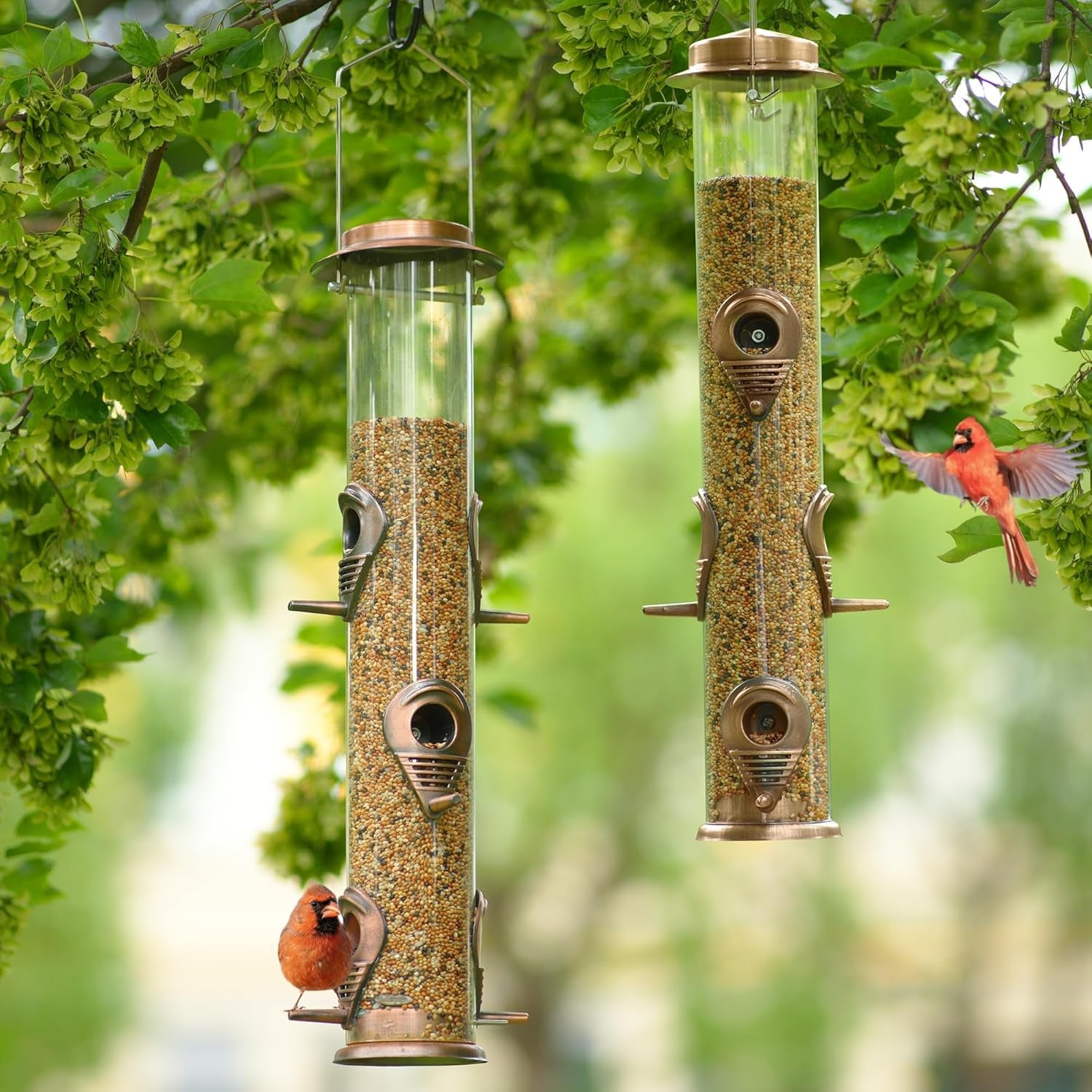 Metal Tube Bird Feeders for Outdoors - 6 Ports Hanging Feeder Attracts Wild Birds in Your Lawn, Garden, Balcony - Antique Copper - 1 Pack