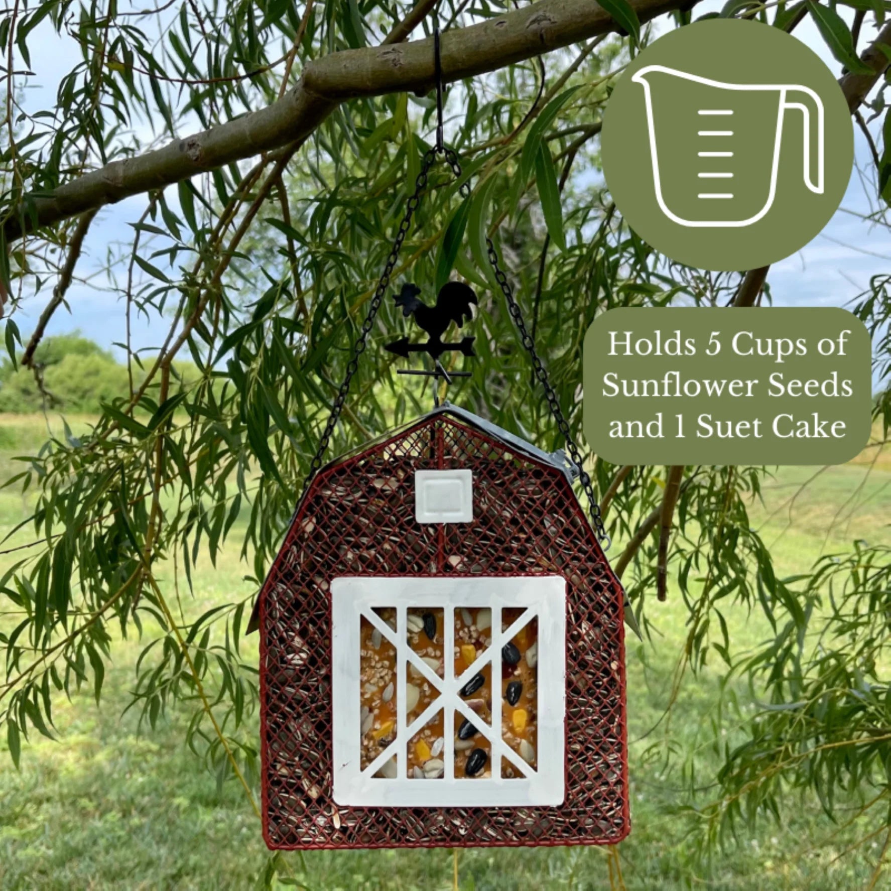 Sunflower Seed and Suet Feeder, Metal Mesh Bird Feeder, Red Barn