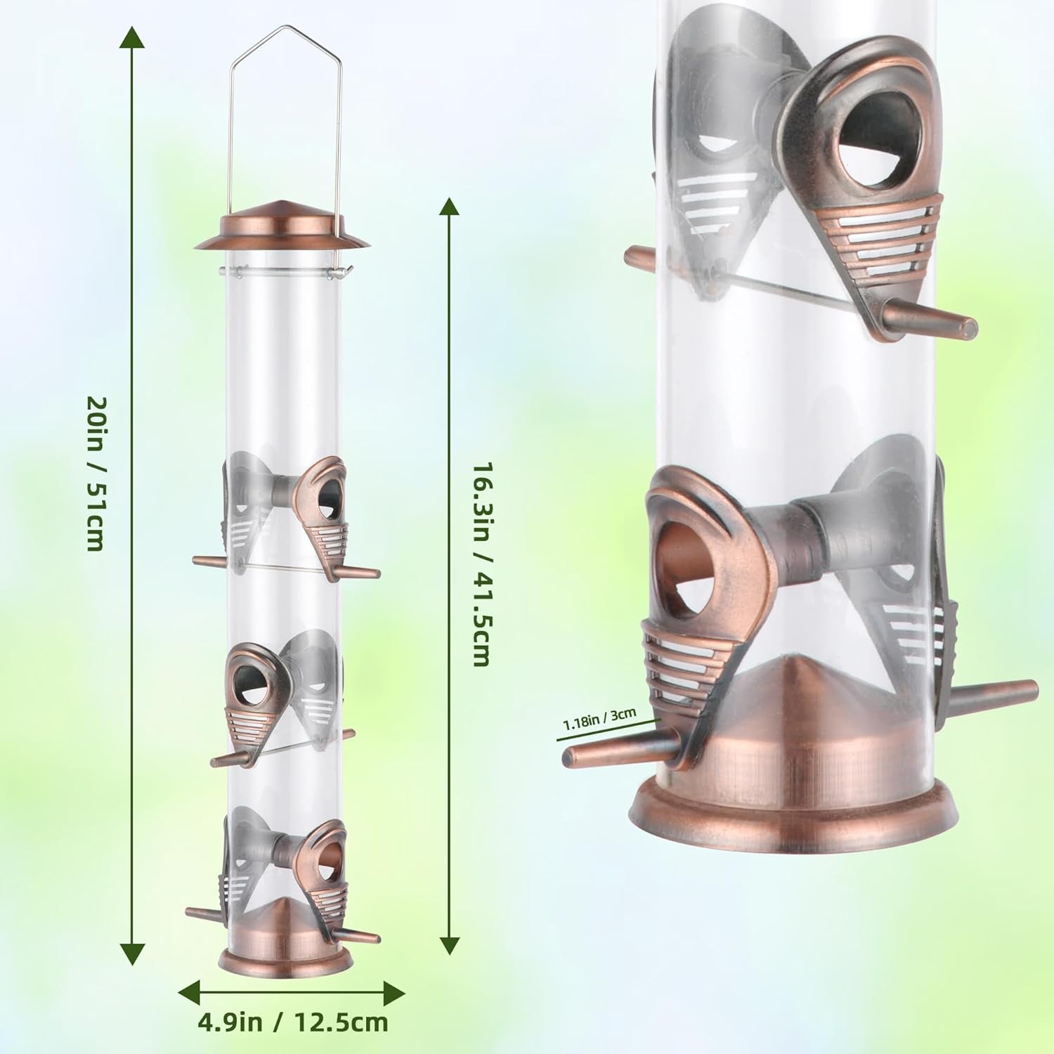 Metal Tube Bird Feeders for Outdoors - 6 Ports Hanging Feeder Attracts Wild Birds in Your Lawn, Garden, Balcony - Antique Copper - 1 Pack
