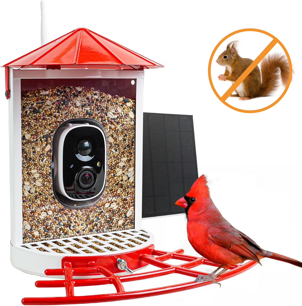 Smart Bird Feeder with Camera - Metal Squirrel-Proof Design, AI Identification, Solar-Powered, Ideal Gift for Bird Enthusiasts, Red