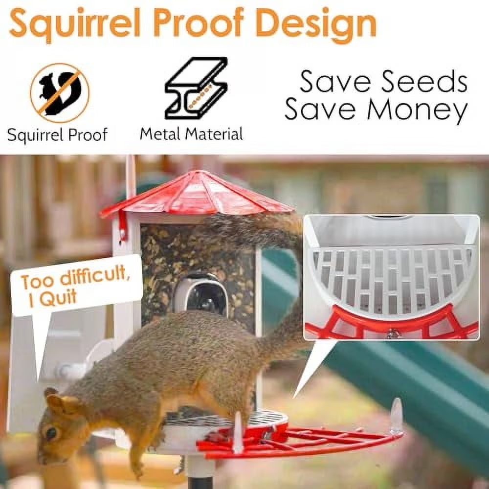 Smart Bird Feeder with Camera - Metal Squirrel-Proof Design, AI Identification, Solar-Powered, Ideal Gift for Bird Enthusiasts, Red